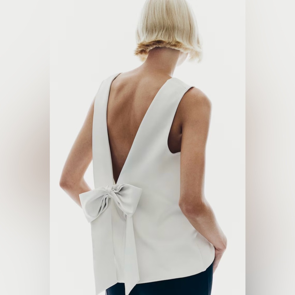 H&M White Sleeveless V-Back Top with Bow Detail